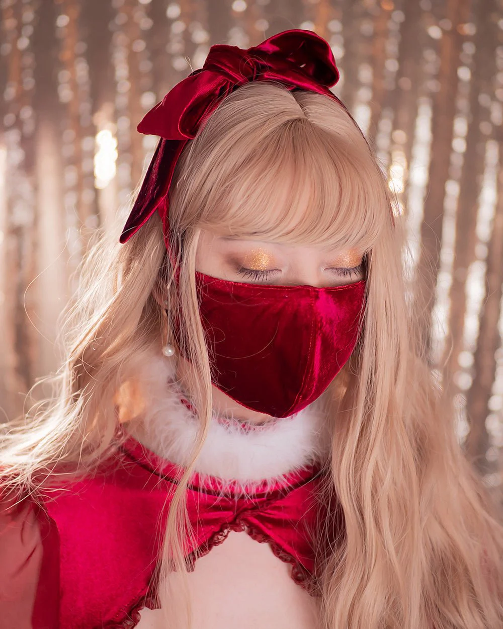 Burgundy Velvet Bow Face Mask - Image 3