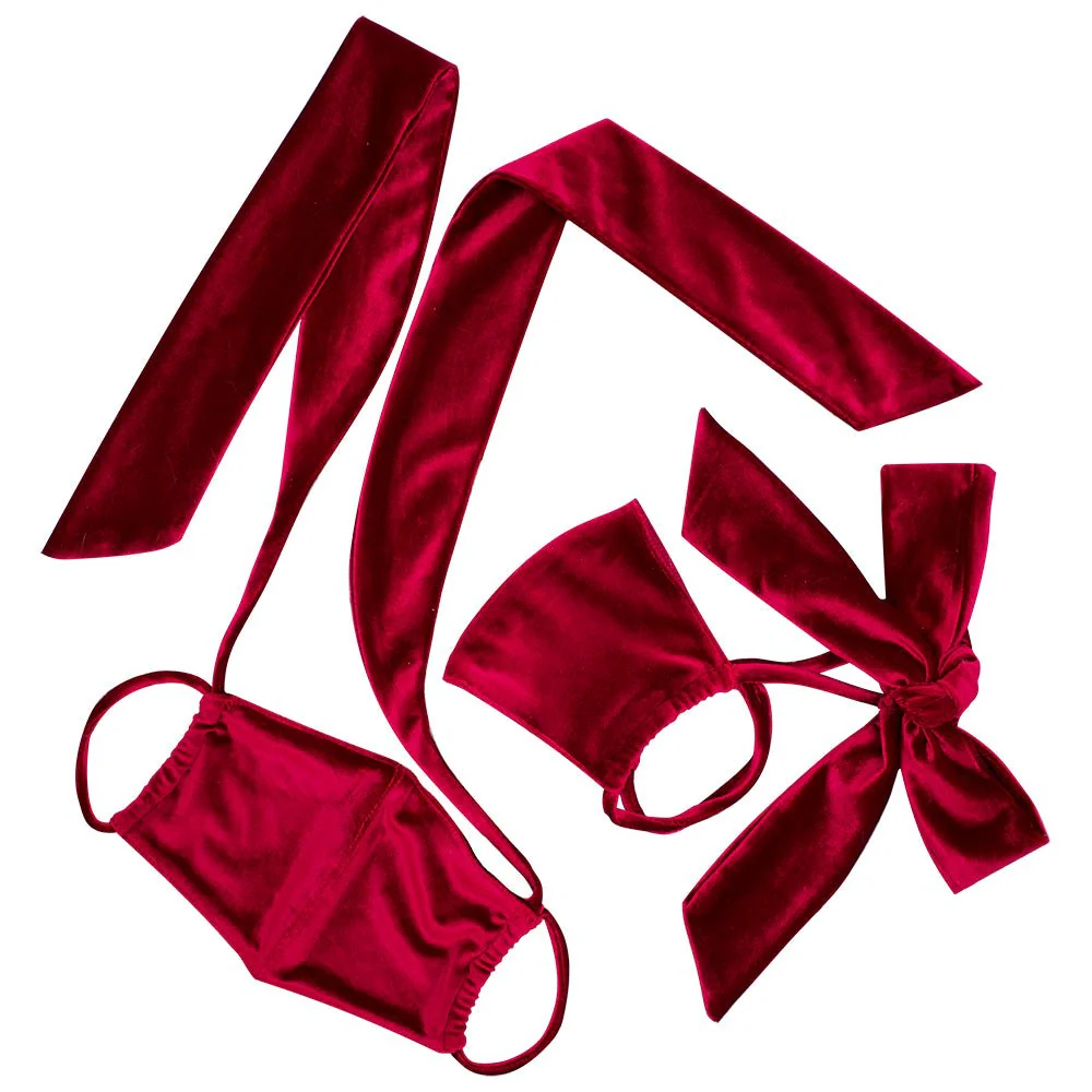 Burgundy Velvet Bow Face Mask - Image 4